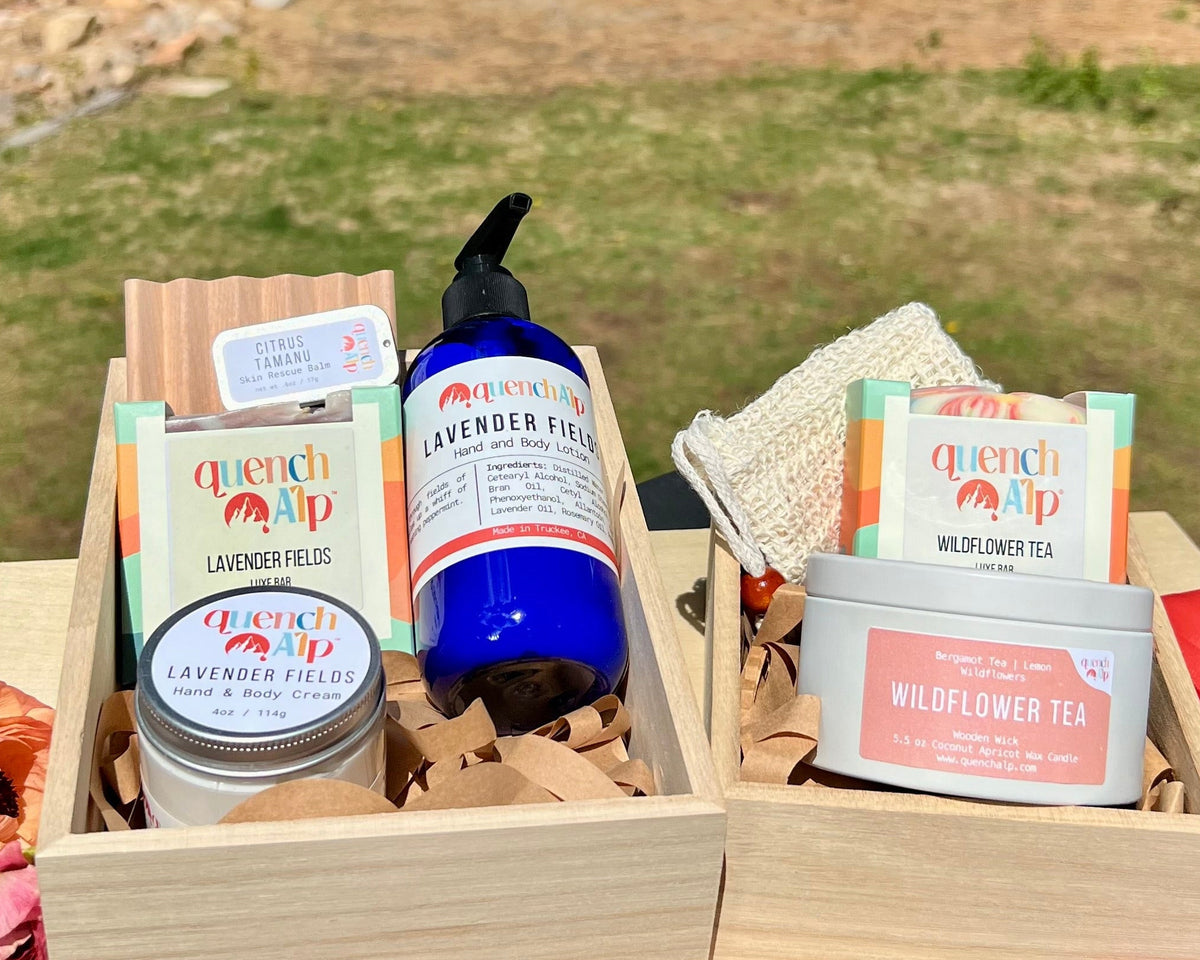 Gift boxes with natural products in a forest setting