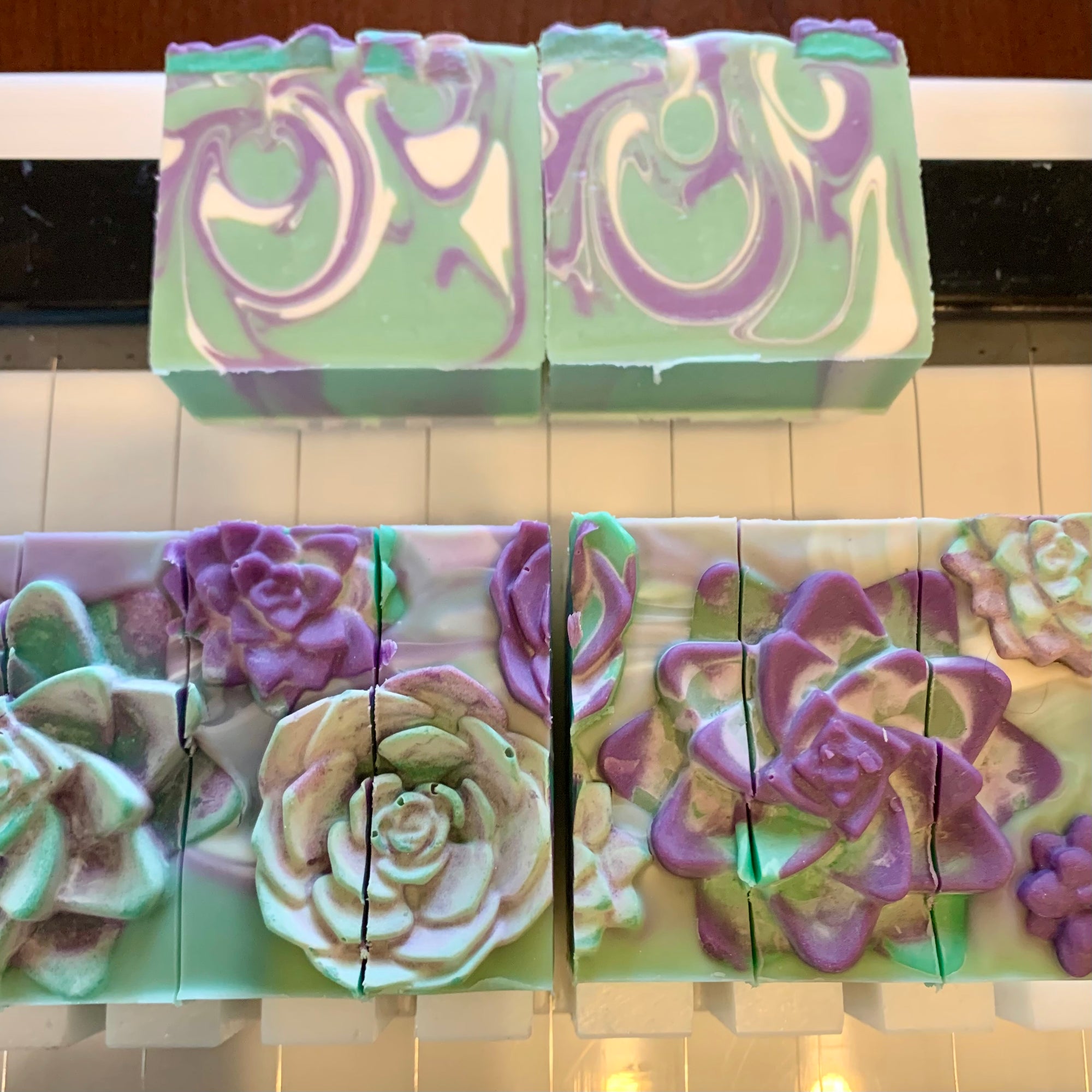 Succulent Garden Soap Cut close up top view